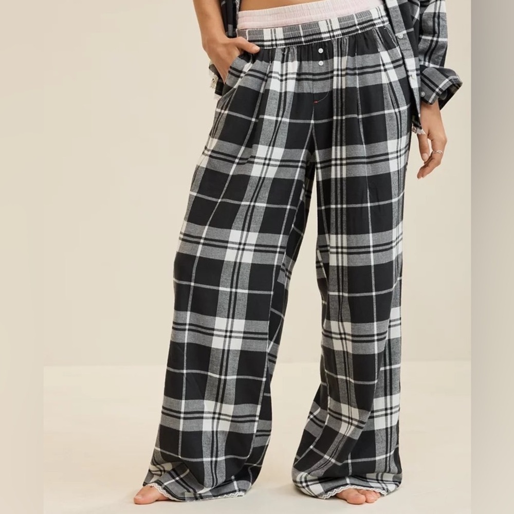 AERIE STREET FLANNEL Black & White Plaid Wide-Leg Lounge Pants SP